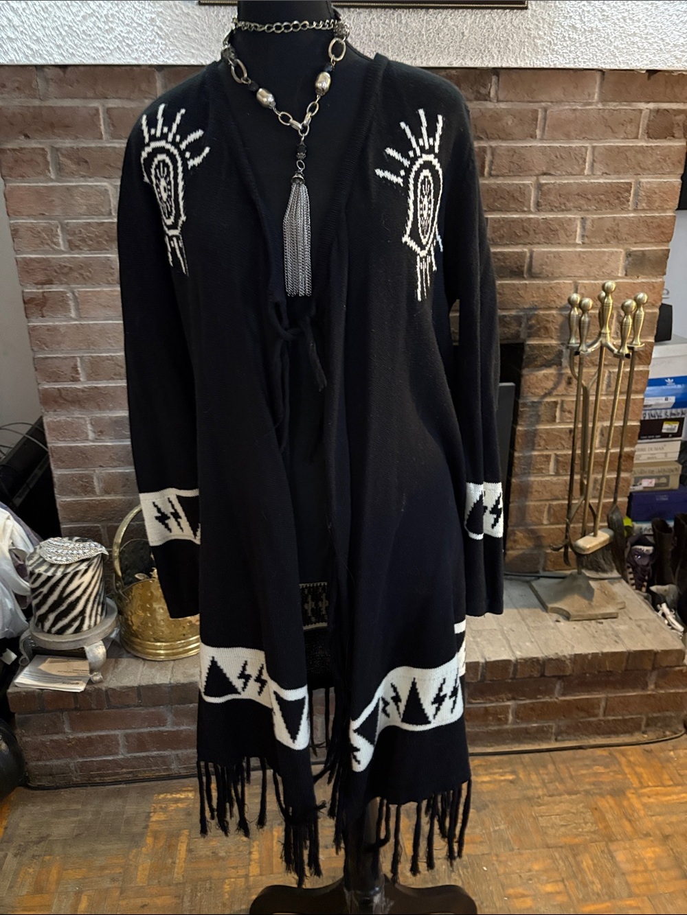 UNIF Black Open-Front Fringe Cardigan with White Graphic Accents